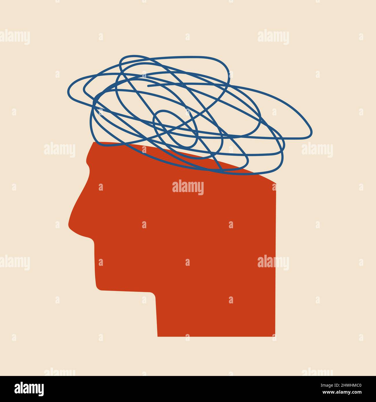 A human head with a tangle of confused thoughts above it. Vector isolated illustration psychological health concept. Stock Vector