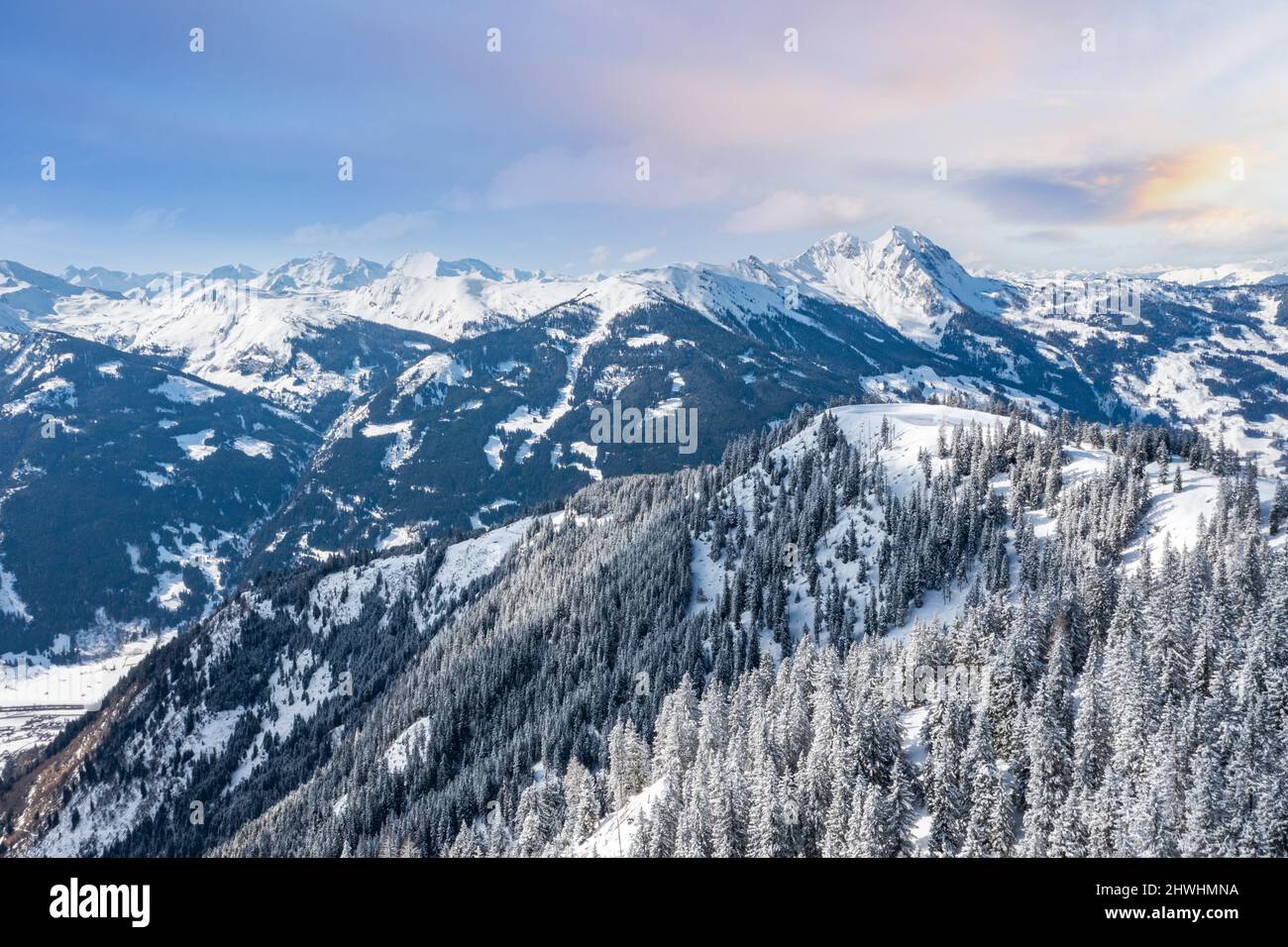 Skiing resort Grossarl and Dorfgastein. Aerial panorama view to Sladinkopf and Bernkogel mountains. Stock Photo