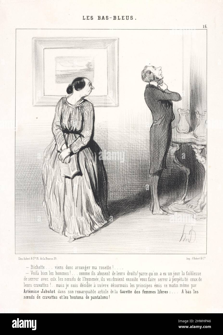 Bichette…viens donc arranger ma rosette!… /Voilà bien les hommes!…comme ils abusent de leurs droits! parce qu’on a eu un jour la faiblesse de serrer avec eux les nœuds de l’hymenée, ils voudraient ensuite vous faire serrer à perpétuité ceux de leurs cravattes!…mais je suis décidée à suivre désormais les principes émis ce matin meme par Artemise Jabutot dans son remarquable article de la Gazette des femmes libres:…A bas les noeuds de cravattes et les boutons de pantalons! (Honey…come and fix my tie!. / Look at these men!. How they abuse their rights! just because, one day, in a moment of weakne Stock Photo