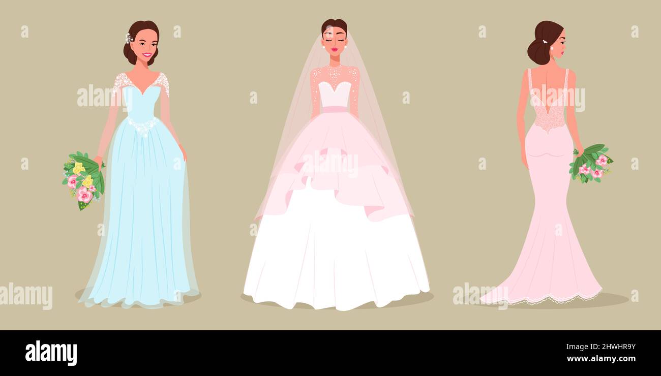 Set of brides in beautiful dresses and hairstyles with bouquets in ...