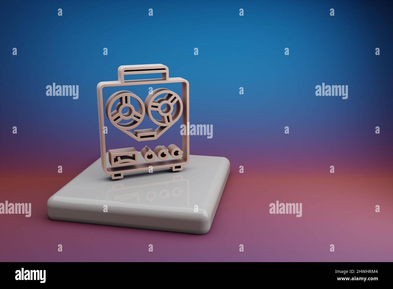 Wonderful  Old Audio Recorder. Beautiful music symbol icons on a ceramic stand and bright colored background. 3d rendering illustration. Background pa Stock Photo