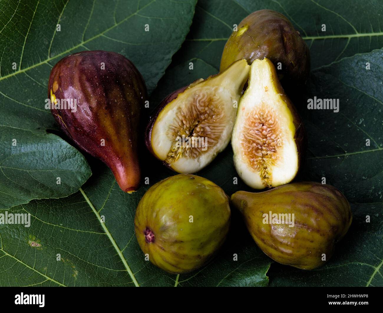 Fresh biological figs on a surface with fig leaves. Mediterranean diet Stock Photo