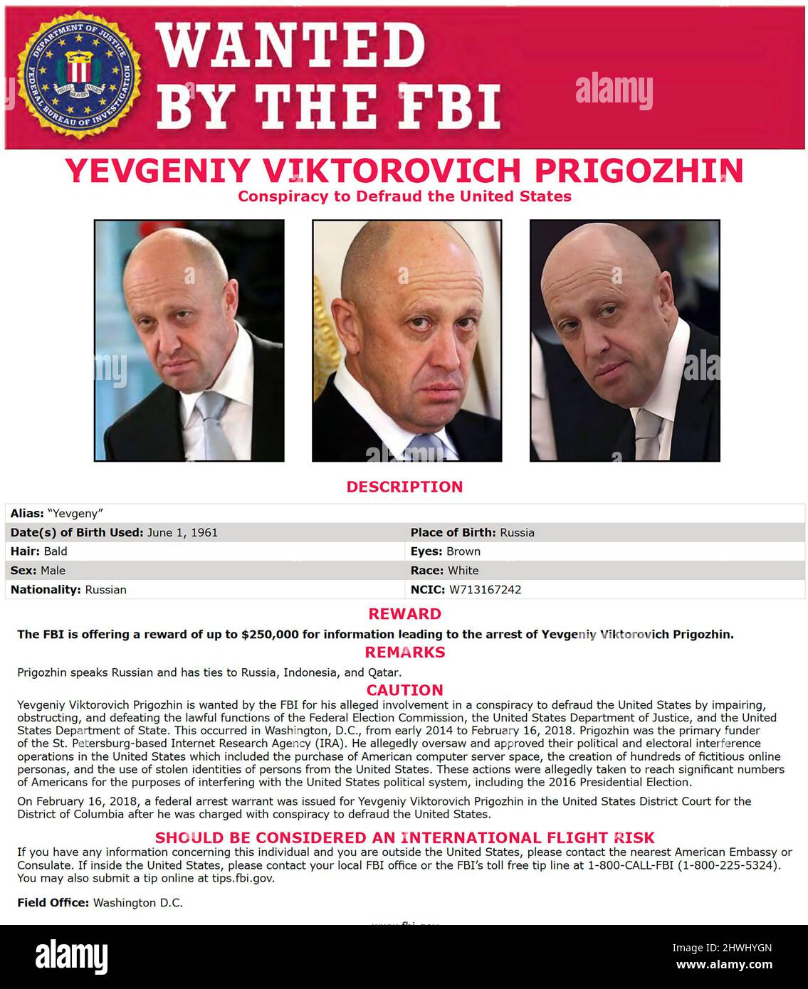 YEVGENTY PRIGOZHIN  FBI Wanted poster for the Russian oligarch. Photo: FBI Stock Photo