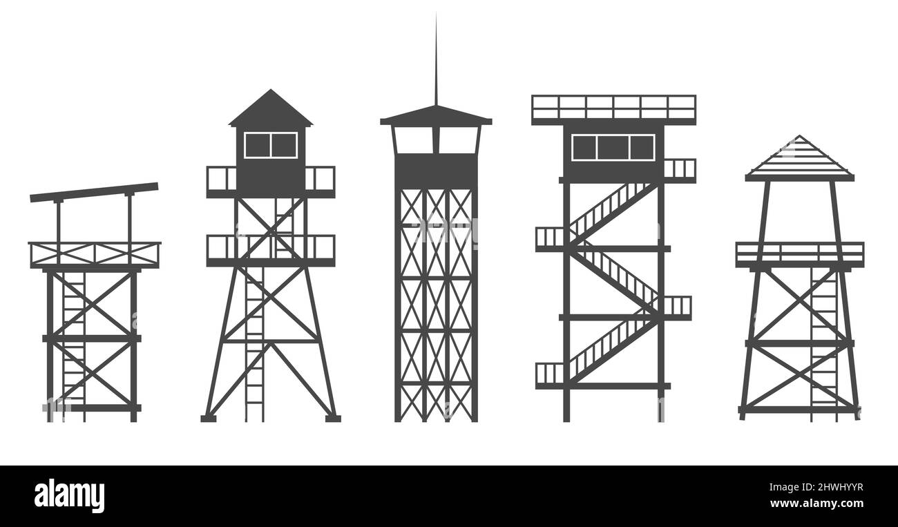 Observation tower in prison, army and for safari hunting. Military camp post silhouette vector illustration. Stock Vector