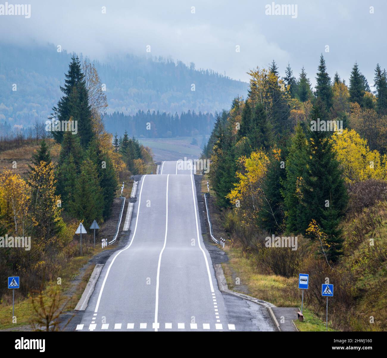 Hazy and overcast Carpathian Mountains and highway on mountain pass