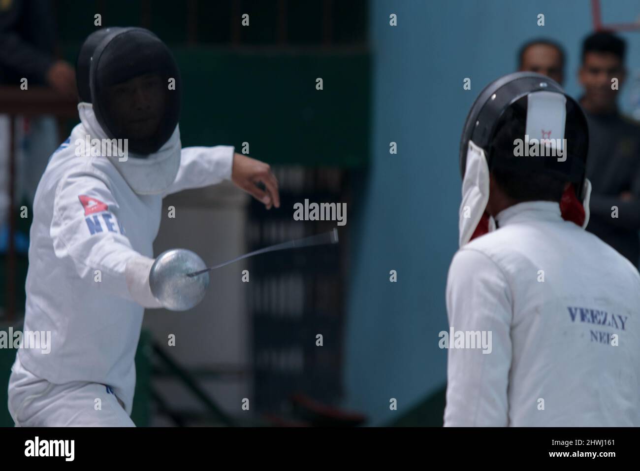 On March 6,2022 in Kathmandu, Nepal. Fencer attacks opponent during