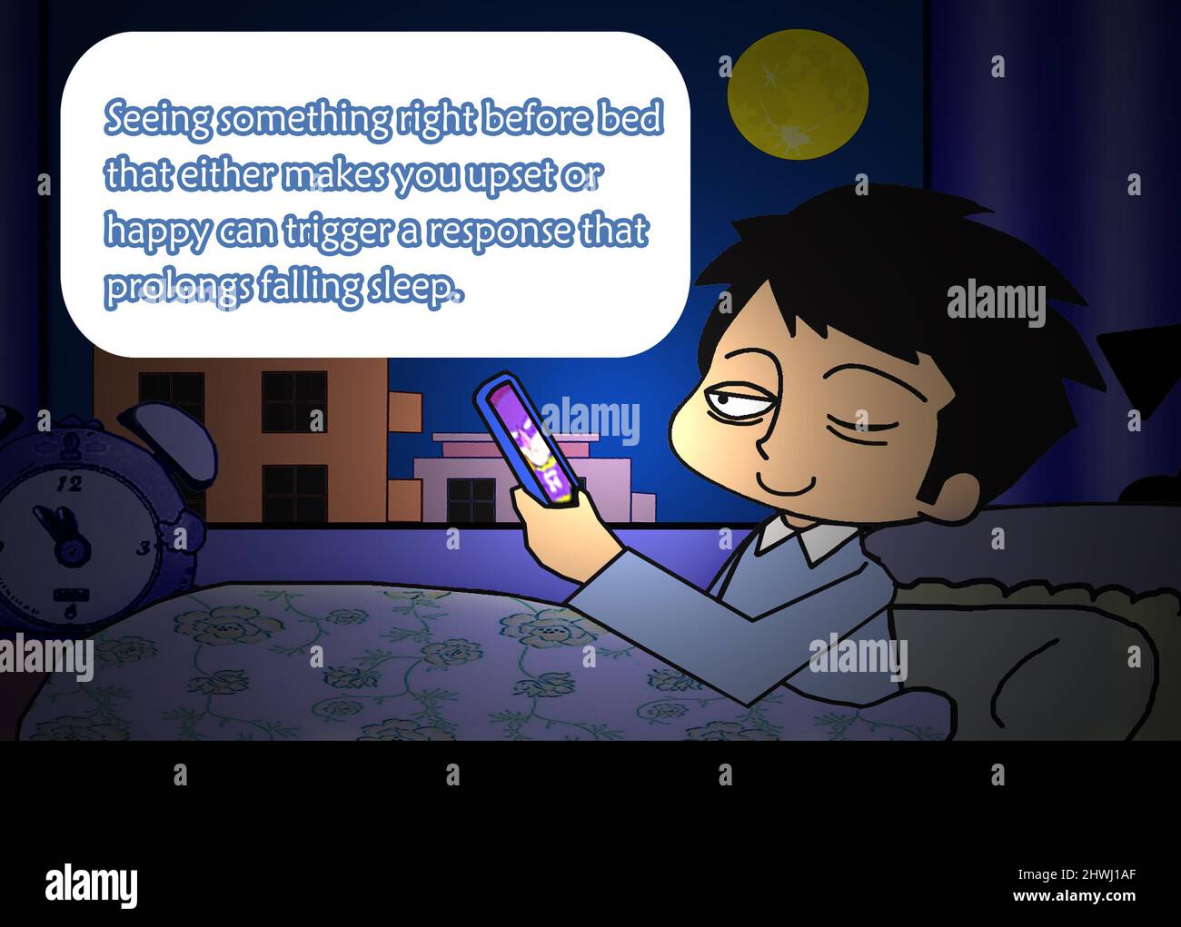 SHANGHAI, CHINA - MARCH 6, 2022 - A cartoon shows a child looking at a mobile phone before going to bed, Shanghai, China, March 6, 2022. Research show Stock Photo