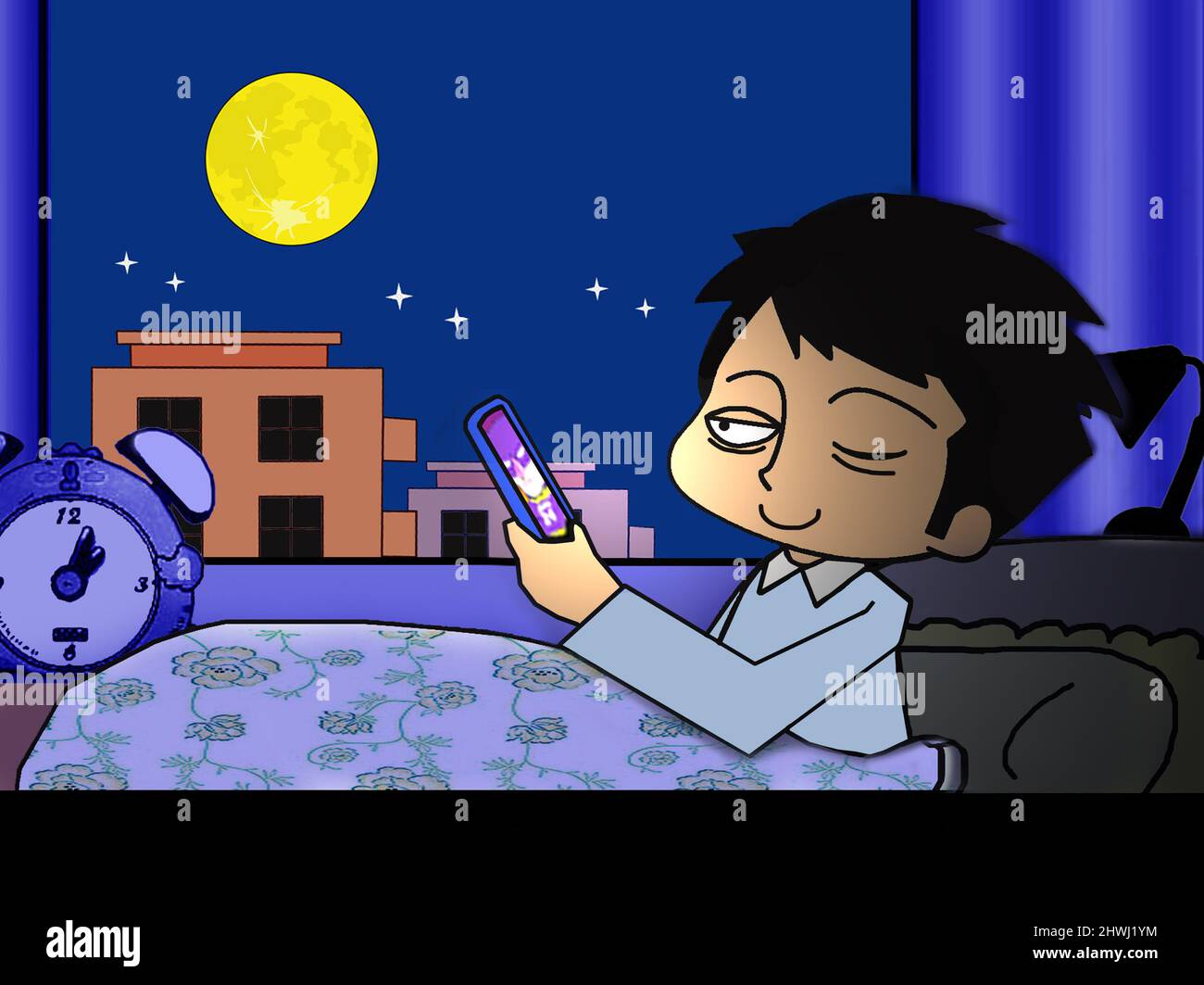 SHANGHAI, CHINA - MARCH 6, 2022 - A cartoon shows a child looking at a mobile phone before going to bed, Shanghai, China, March 6, 2022. Research shows that screen time before SHANGHAI, CHINA - MARCH 6, 2022 - A cartoon shows a child looking at a mobile phone before going to bed, Shanghai, China, March 6, 2022. Research shows that screen time before