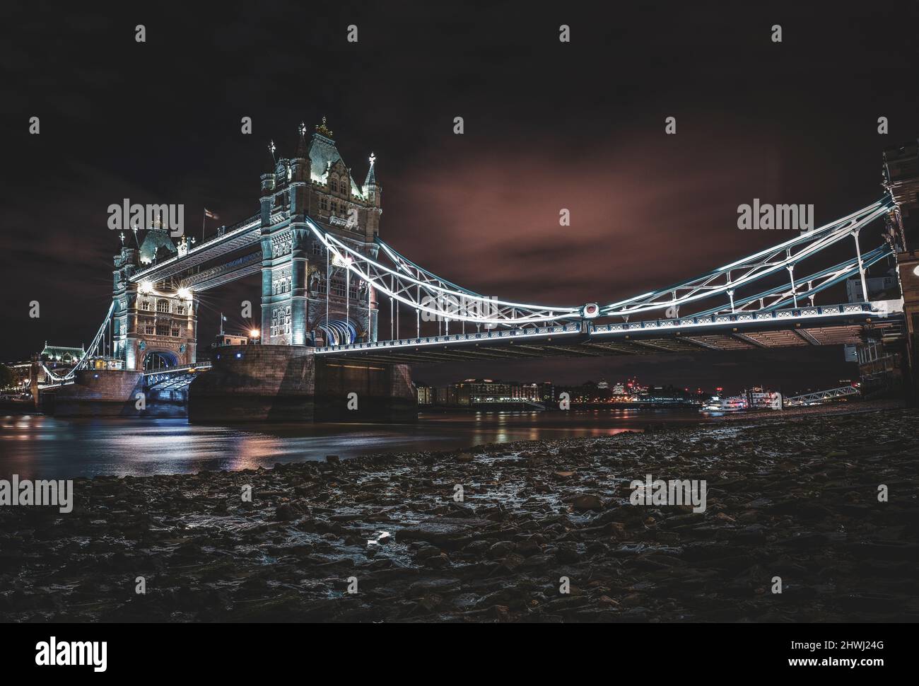 Panoramic Tower Bridge in night - London, UK Stock Photo