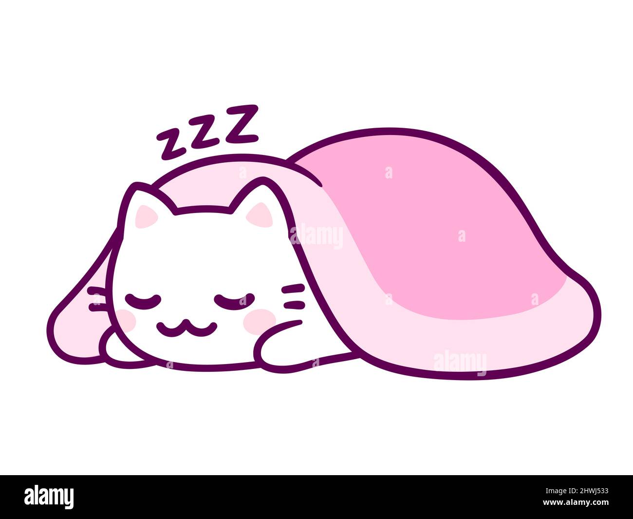 Cute cartoon white cat sleeping under pink blanket. Adorable kawaii kitten  hand drawn doodle. Isolated vector clip art illustration Stock Vector Image  & Art - Alamy