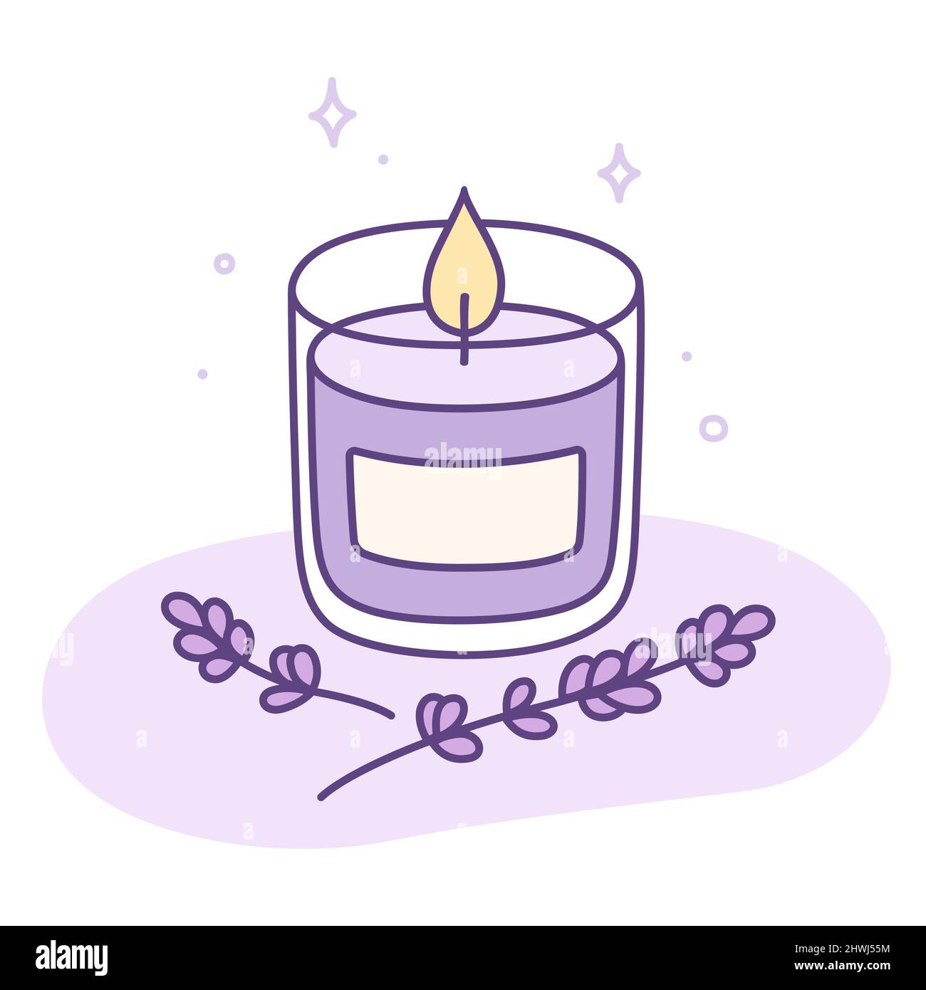 Scented purple aromatherapy candle with lavender sprigs. Relaxation and wellness doodle. Cute hand drawn vector illustration. Stock Vector
