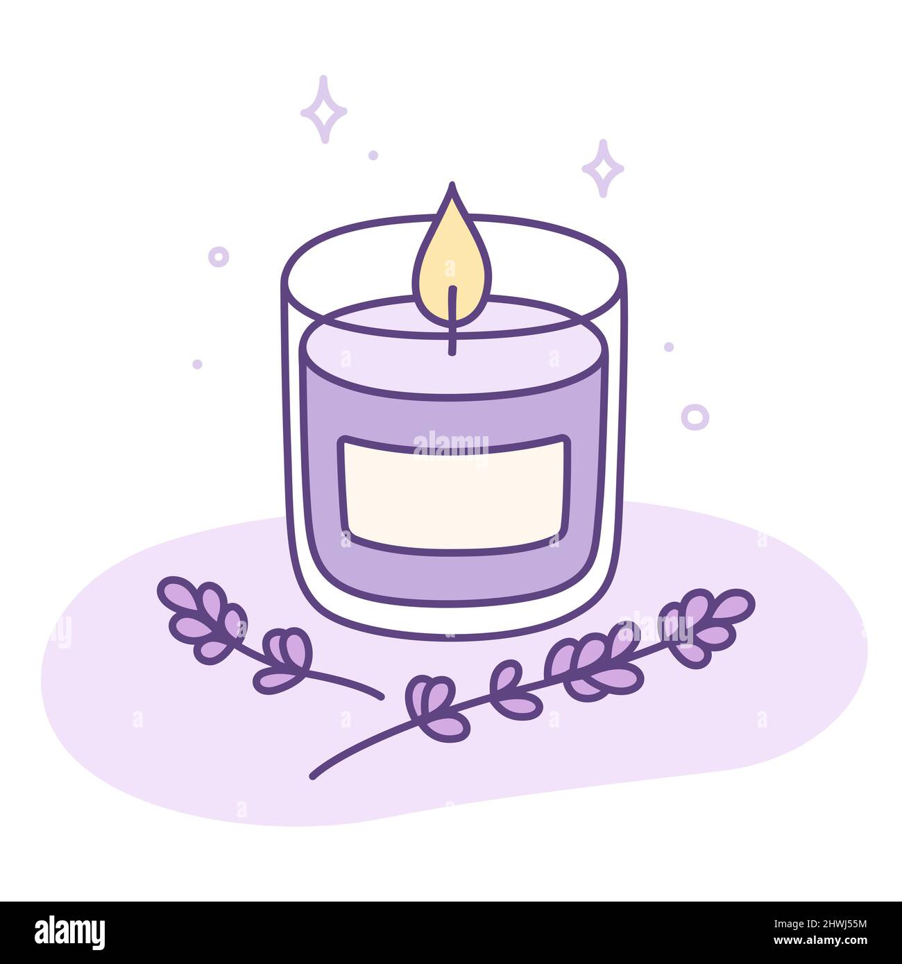 Scented purple aromatherapy candle with lavender sprigs. Relaxation and