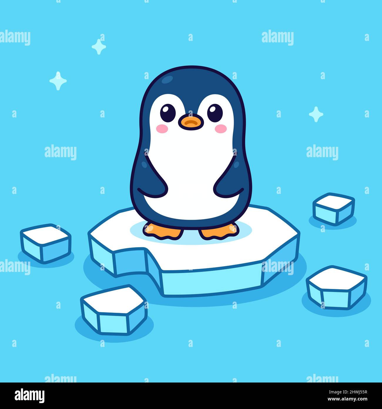 Cute cartoon sad lonely penguin on melting ice. Climate change and global warming Stock Vector
