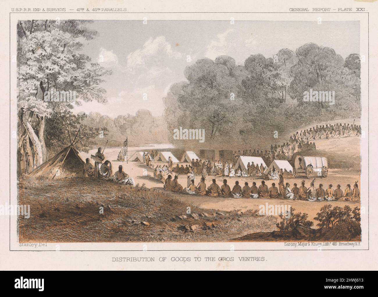 Distribution of Goods to the Gros Ventres, pl. 21 of the U.S.P.R.R. Expedition and Surveys, 47-49 parallels.  Artist: Sarony, Major & Knapp, New York, founded ca. 1846After: John Mix Stanley, American, 1814–1872 Stock Photo