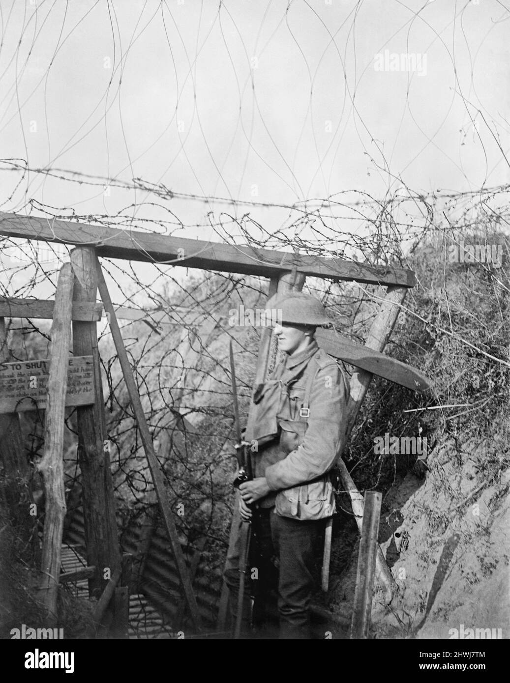A barbed wire gate in a trench system to form a block against raiders at Cambrin in trenches held by 1/7th Sherwood Foresters (Nottinghamshire & Derbyshire Regiment), 16 September 1917. Stock Photo