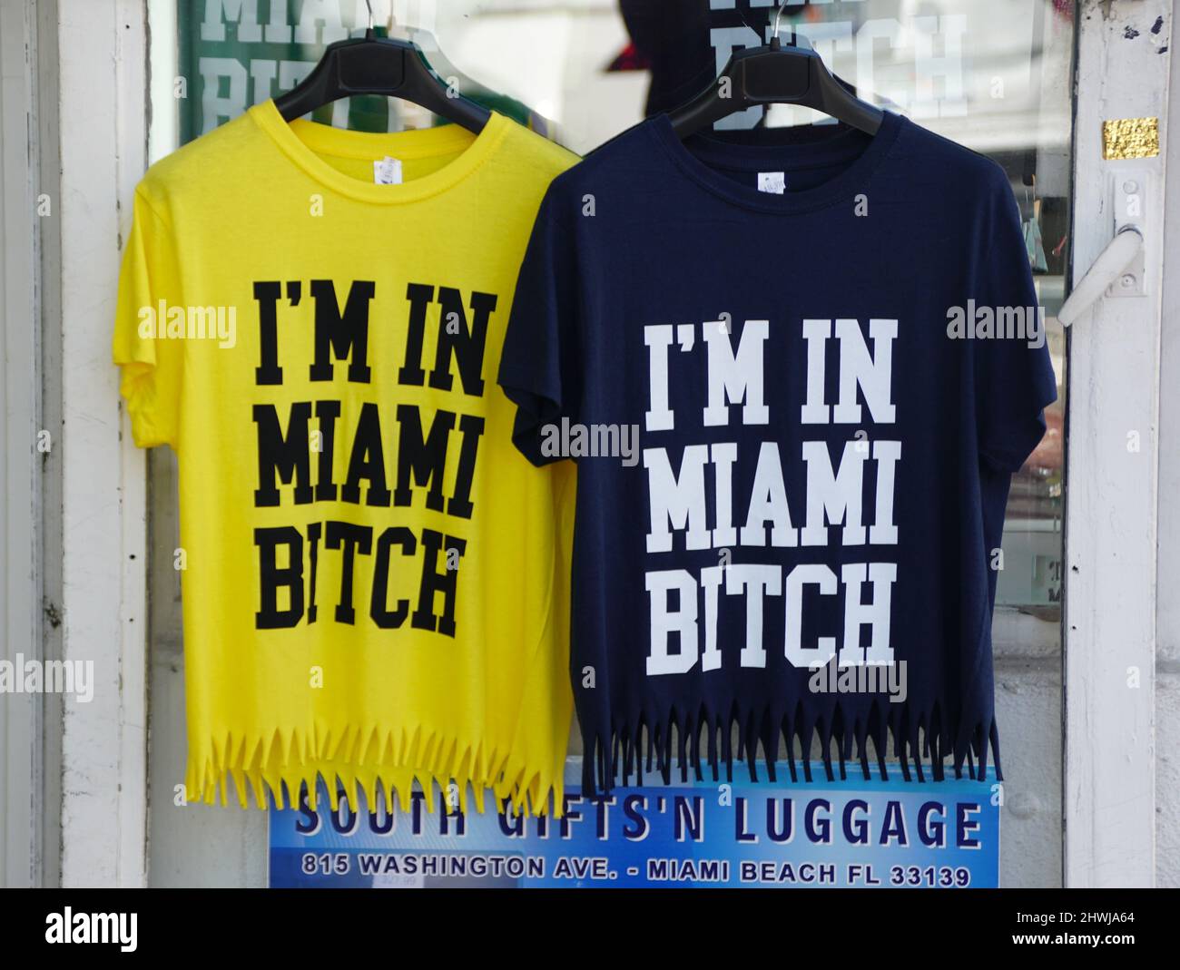 Miami Beach, Florida, U.S.A - February 18, 2022 - The funny shirts hanging on the souvenir store Stock Photo