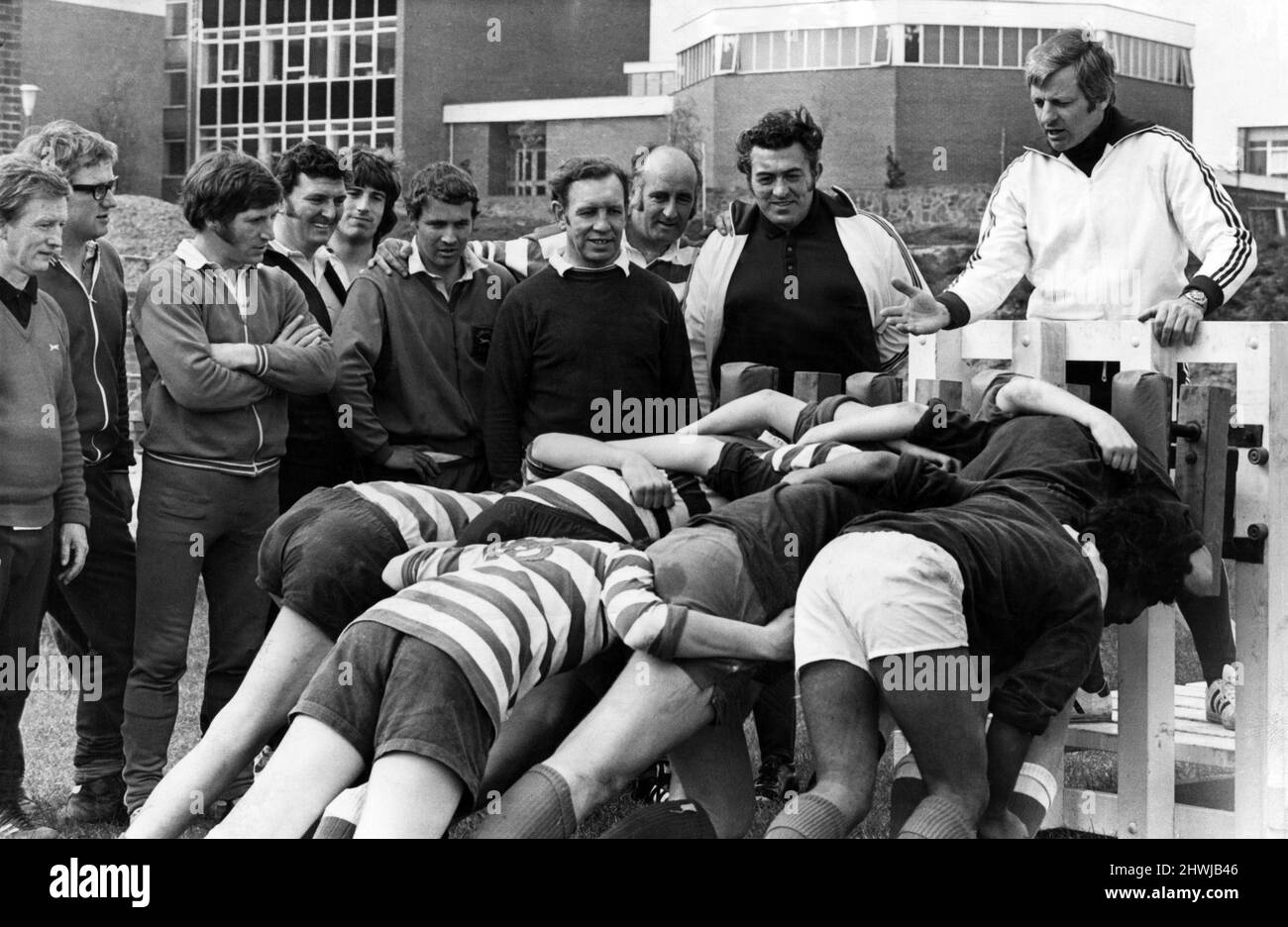 Ray Williams makes a point about scrummaging to teachers and club coaches during a Welsh Rugby Union coaching award assessment course. Circa 1973. Stock Photo
