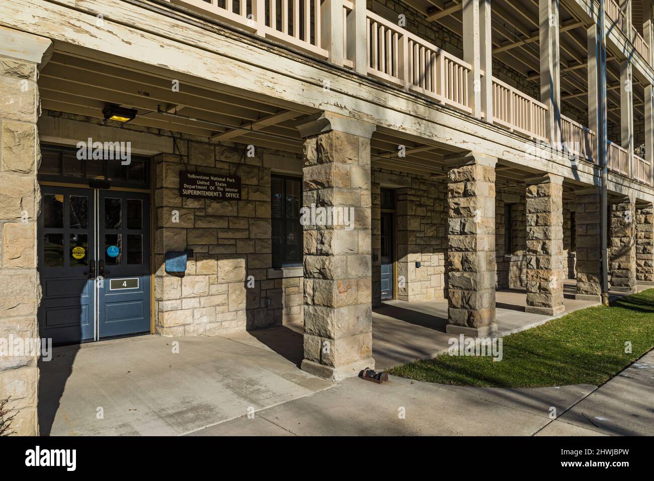 Park Administration Building, once a cavalry barracks, in Fort Yellowstone National Historic Landmark in Yellowstone National Park, Wyoming, USA Stock Photo