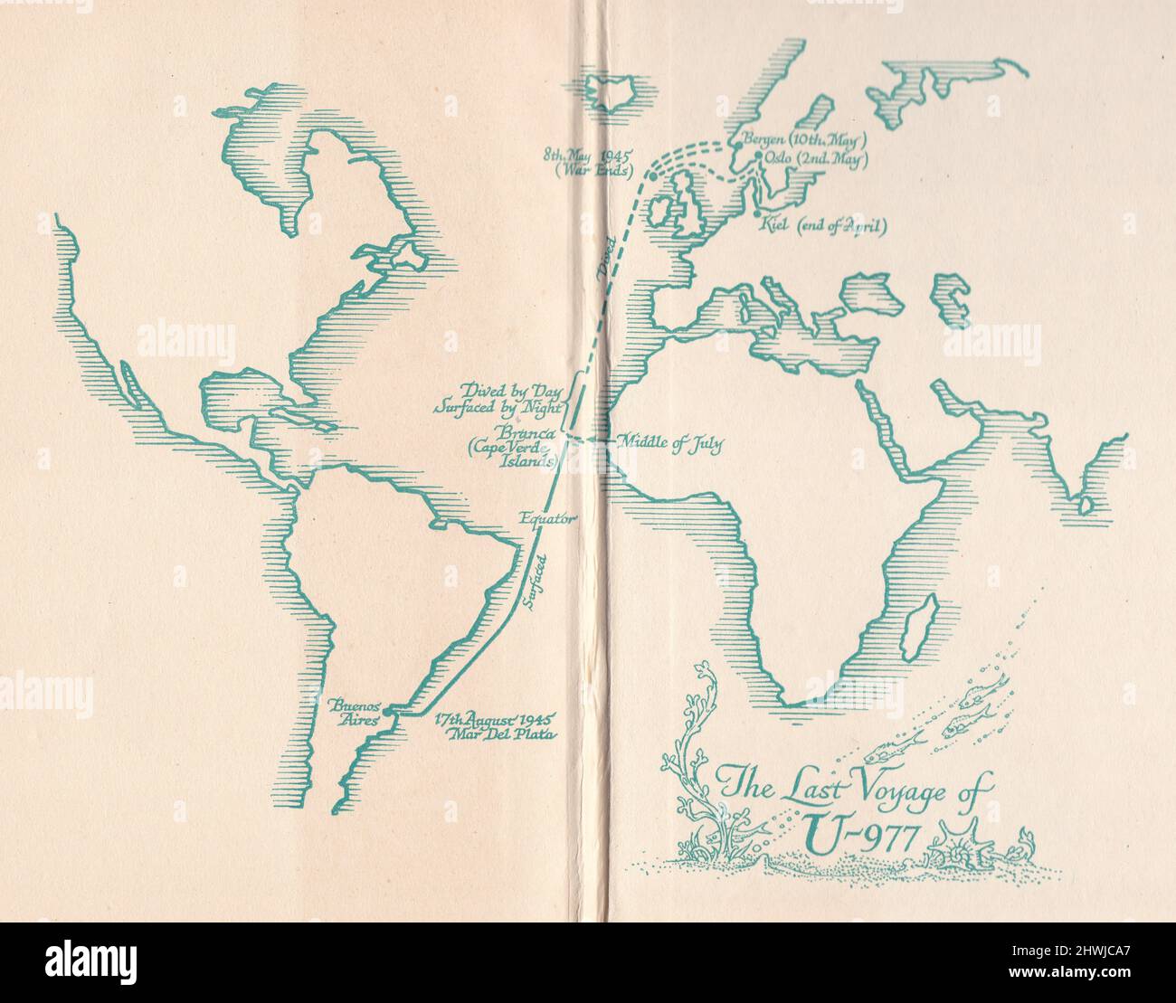 From the book U-Boat 977 by Heinz Schaeffer - Map of the last voyage of U-977. Stock Photo