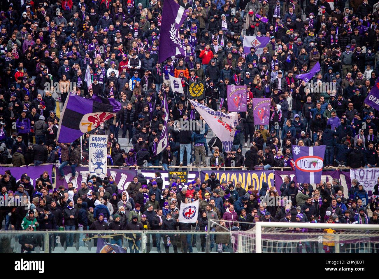 Fans of Fiorentina during the italian soccer Serie A match ACF Fiorentina  vs Hellas Verona FC on March 06, 2022 at the Artemio Franchi stadium in  Florence, Italy (Photo by Valentina Giannettoni/LiveMedia/Sipa