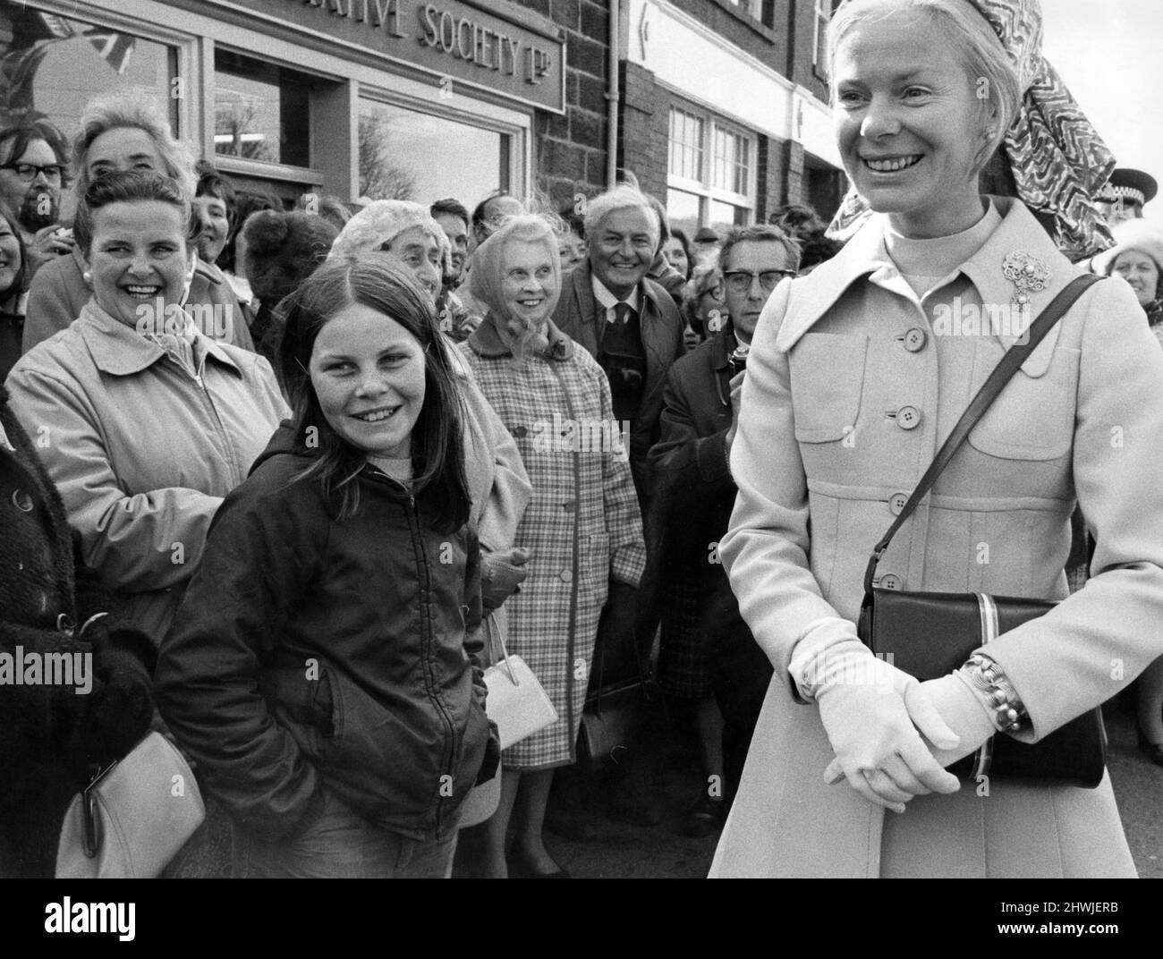 Katharine, Duchess of Kent meets the people of Grosmont before opening the 18-mile Grosmont-Pickering line. 1st May 1973. Stock Photo