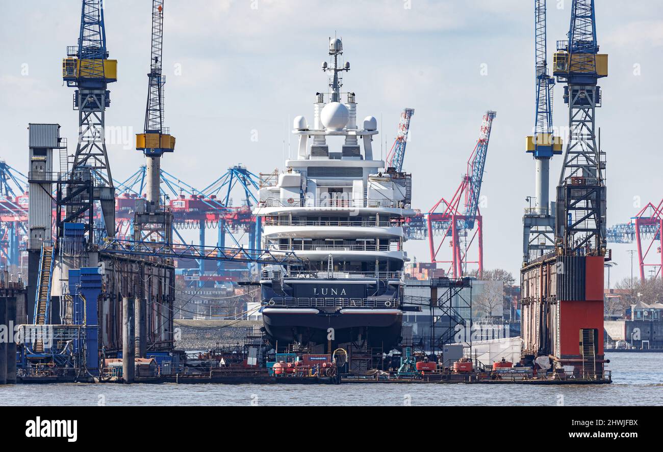 Hamburg, Germany. 06th Mar, 2022. The megayacht "Luna" lies in the Blohm Voss dry dock in the