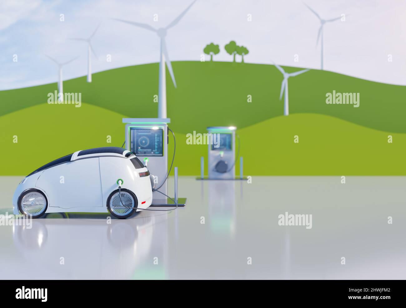 Electric vehicle (EV) charging at EV charging station with wind turbine