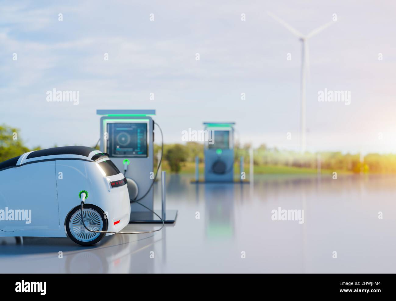 Electric vehicle (EV) charging at EV charging station with wind turbine farm, clean energy and clean power for safe earth and environment concept, 3D Stock Photo