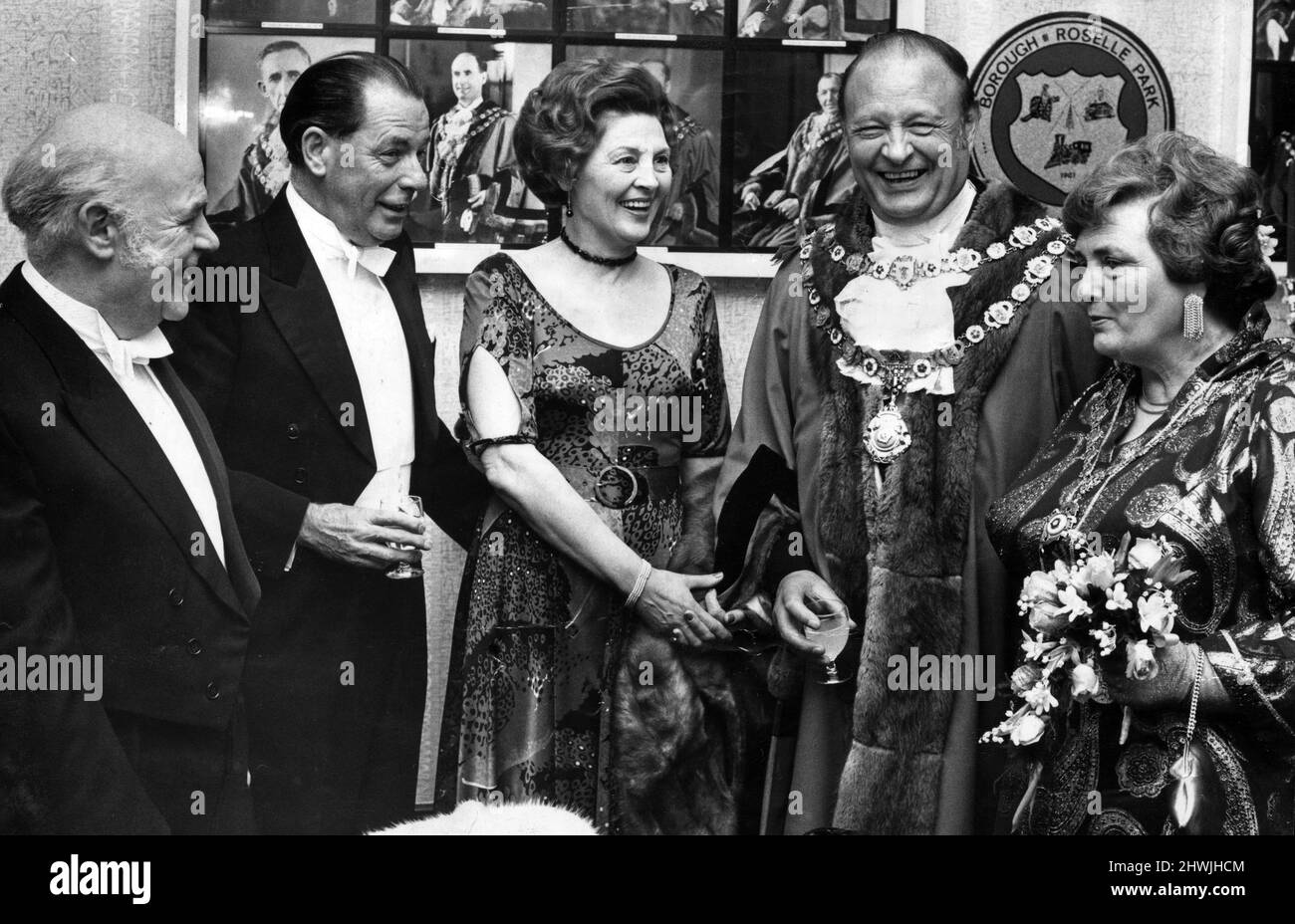 The last Mayoral banquet to be held in the Royal Borough of Sutton Coldfield took place in the Council House last night. Among guests of the Mayor and Mayroess, Ald. and Mrs D.W Mills (Right), were left to right: Lord Justice James and Mr David beavis, chairman, West Midlands Gas and Mrs Vera Beavis. 16th May 1973. Stock Photo