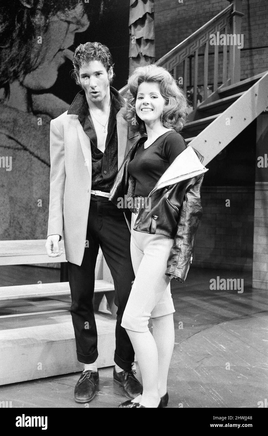 The cast of the American musical Grease rehearsing at the New London