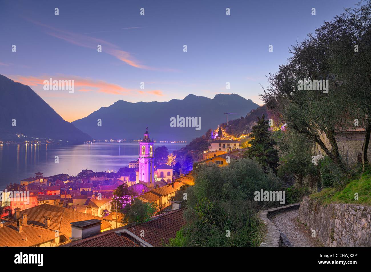 Sala Comacina, Como, Italy small town on Lake Como at dusk. Stock Photo