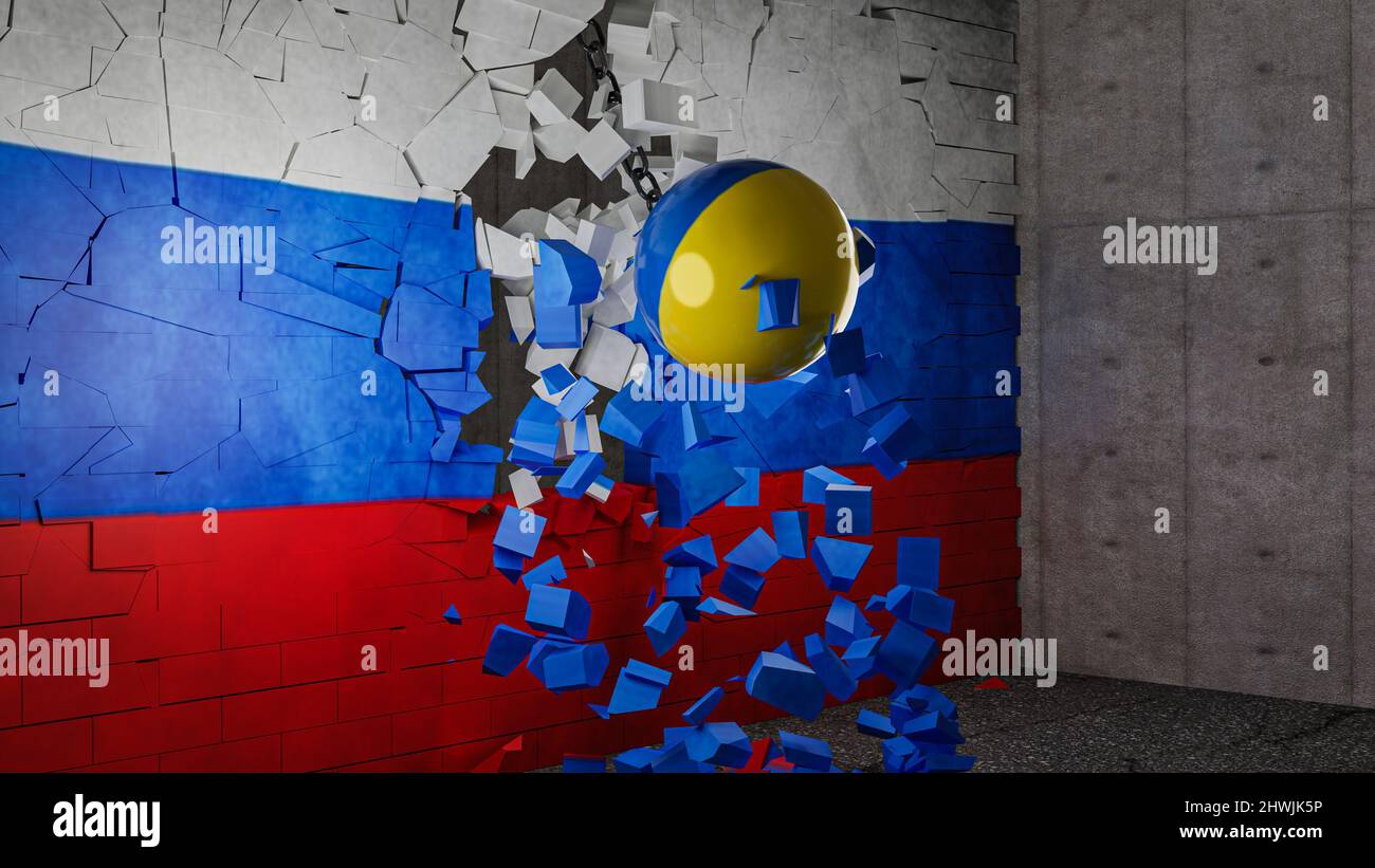 Ukrainian war, demolition ball with the flag of Ukraine destroys the wall with the flag of Russia. War, conflict, Ukraine is winning, Russia is losing Stock Photo