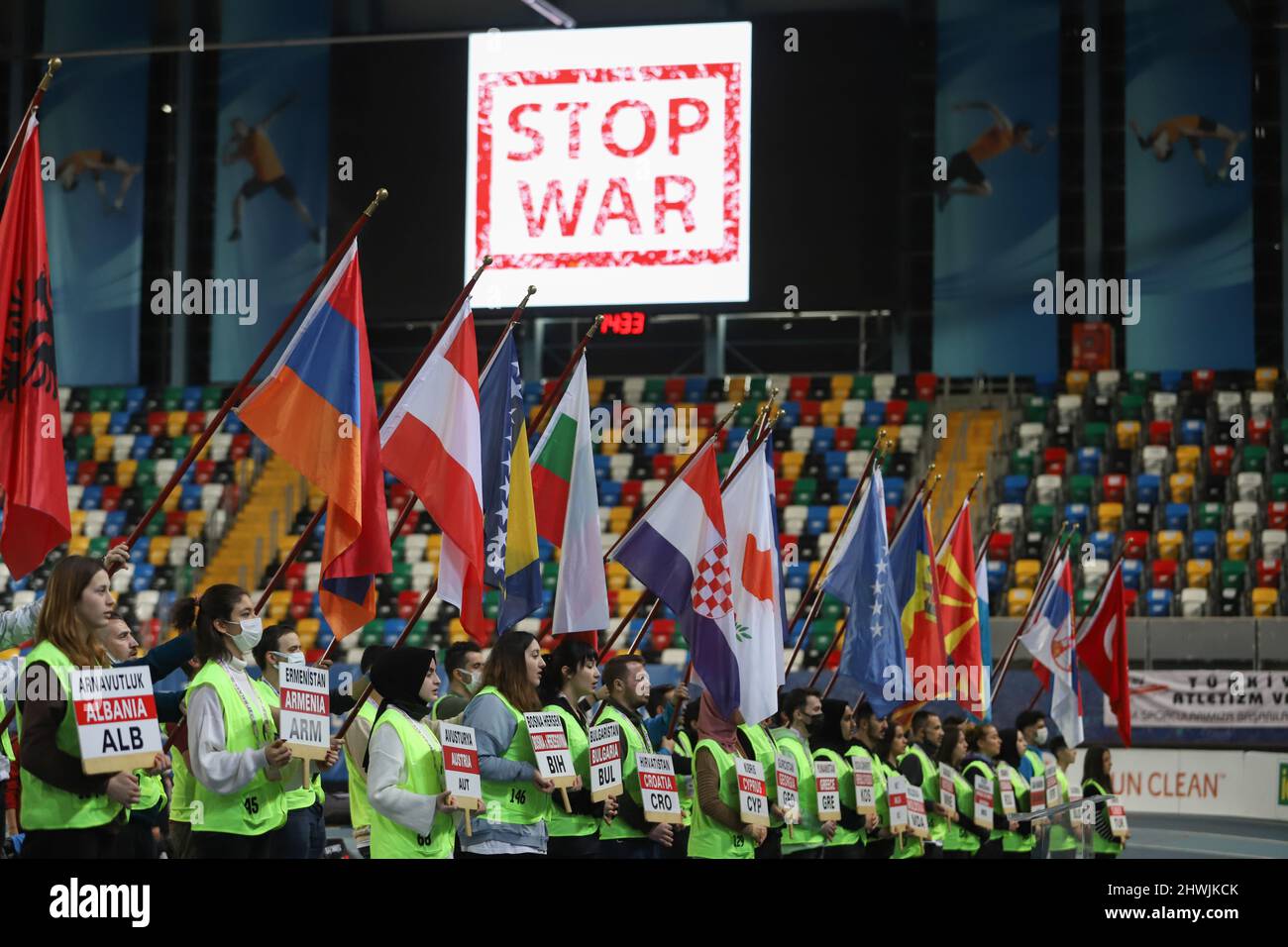 ISTANBUL, TURKEY - MARCH 05, 2022: No War sign in opening ceremony of 27th Balkan Indoor Championships. Ukrainian team could not participate in the co Stock Photo