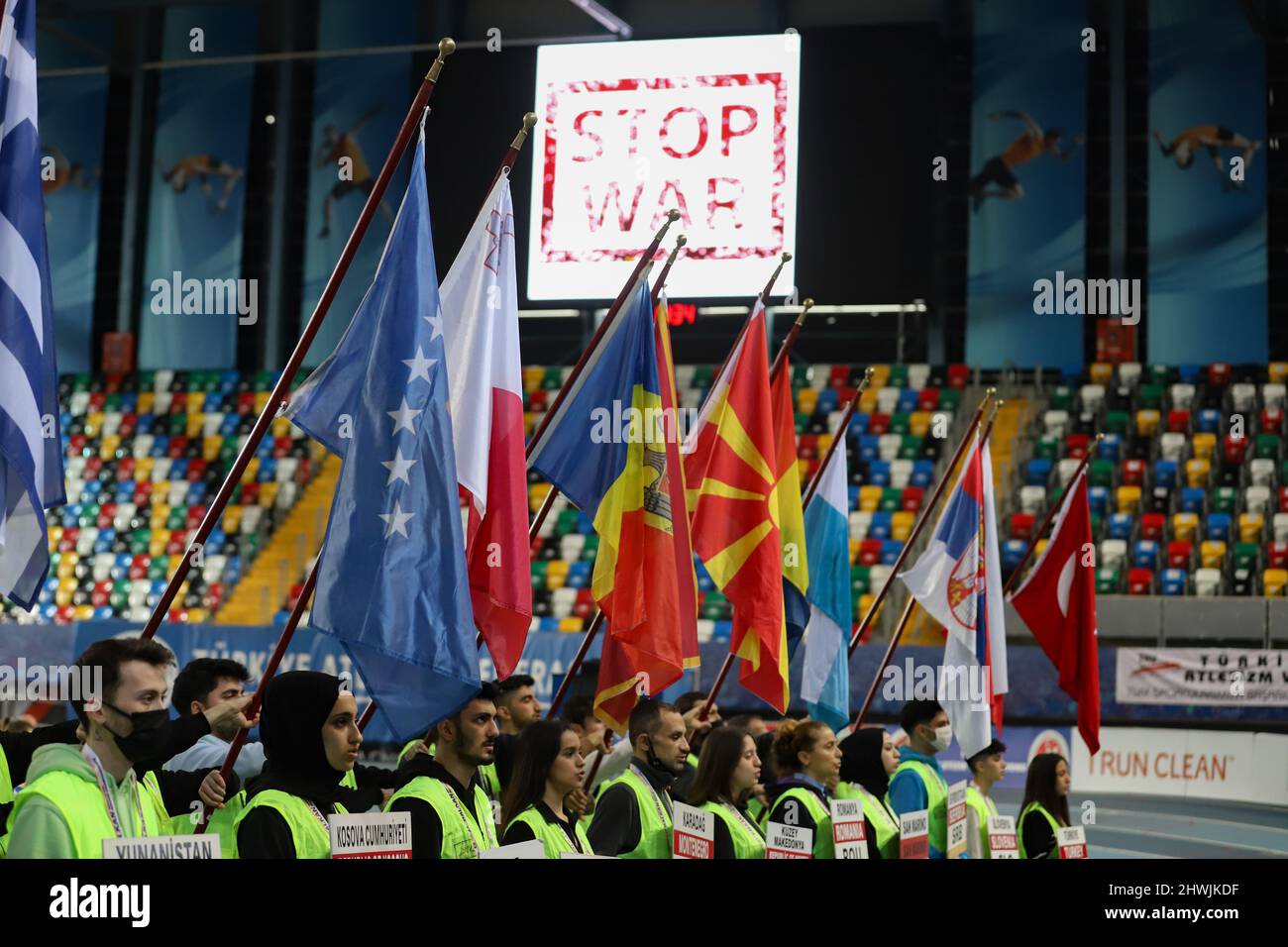 ISTANBUL, TURKEY - MARCH 05, 2022: No War sign in opening ceremony of 27th Balkan Indoor Championships. Ukrainian team could not participate in the co Stock Photo