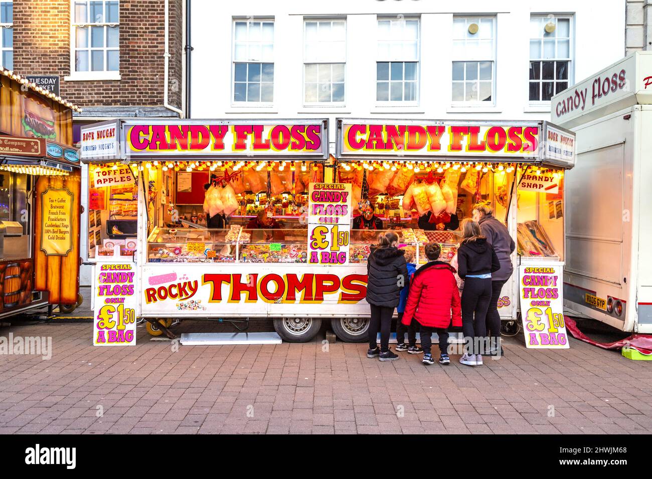 Candy floss stall during King's Lynn Fun Fair, King's Lynn, Norfolk, UK