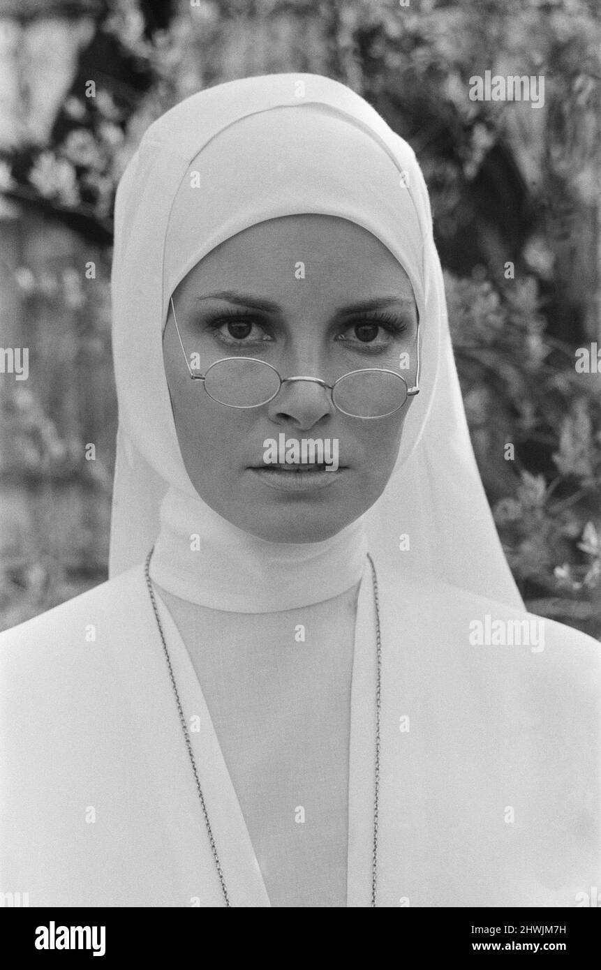 Raquel Welch pictured on set, in Hungary filming her new movie 'Bluebeard'.  Ms Welch plays Sister Magdalena, a novice nun.   The film also stars Richard Burton  Bluebeard is a 1972 film directed by Edward Dmytryk. It stars Richard Burton, Raquel Welch, Joey Heatherton and Sybil Danning. Set in Austria in the 1930s, Bluebeard is a World War I pilot with a reputation as a 'ladykiller' and a frightening blue tinged beard.   Picture taken 19th March 1972 Stock Photo