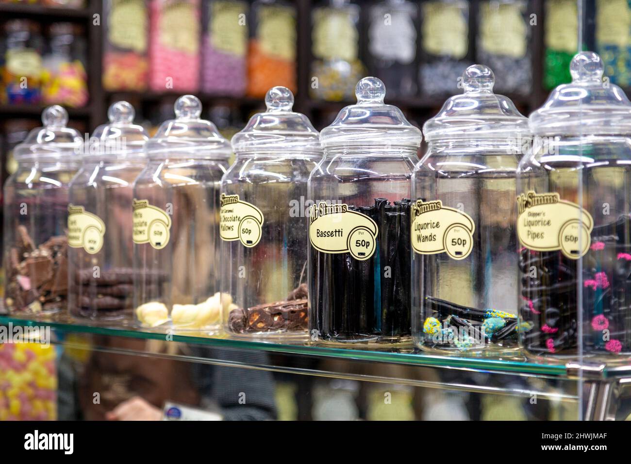 Jars with sweets at Mr. Simms sweet shop in King's Lynn, Norfolk, UK