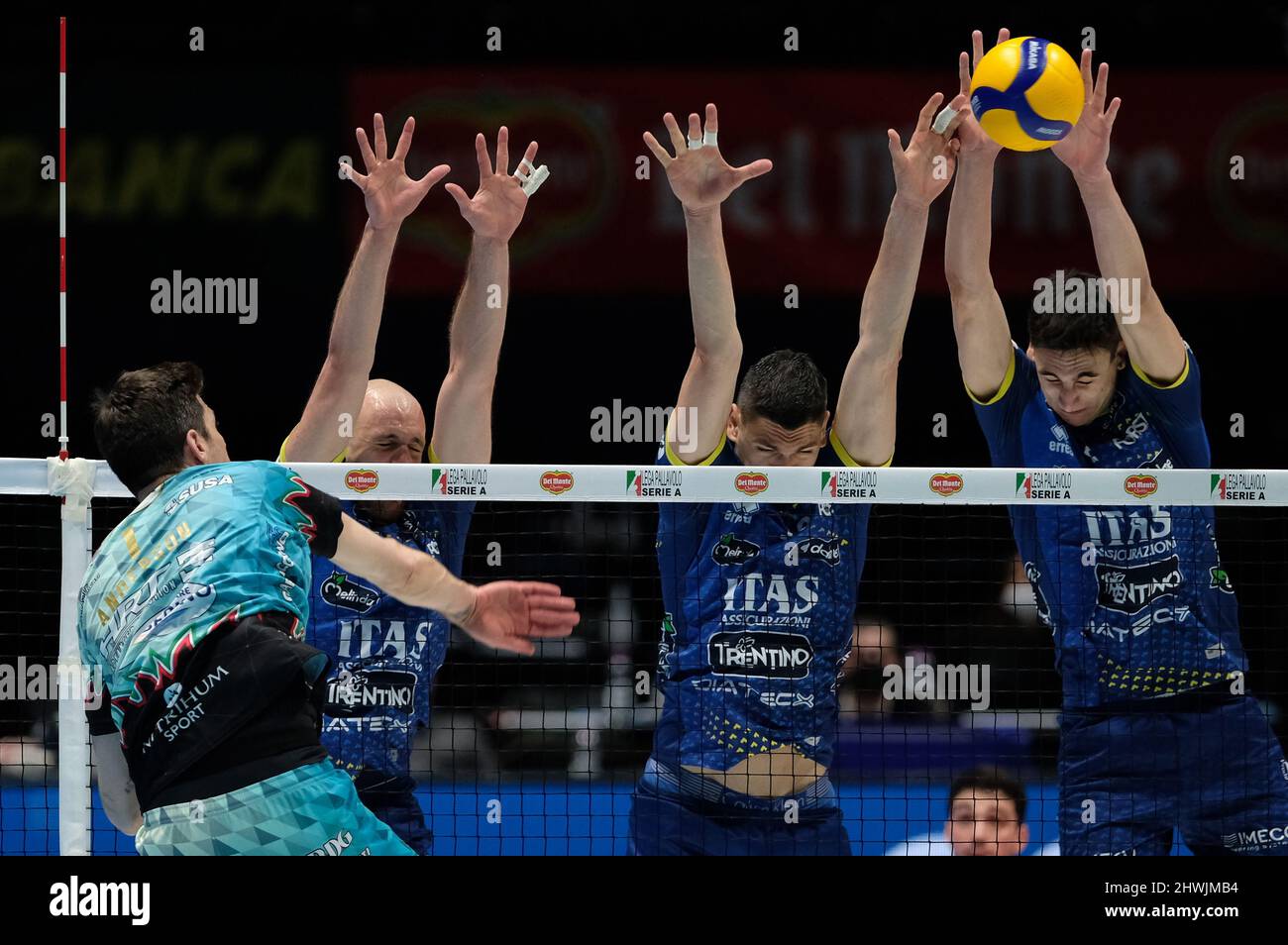 Bologna, Italy. 06th Mar, 2022. Block of Alessandro Michieletto - ITAS Trentino - Marko Podrascanin - ITAS Trentino during Final - Sir Safety Conad Perugia vs ITAS Trentino, Italian Volleyball Men Cup in Bologna, Italy, marzo 06 2022 Credit: Independent Photo Agency/Alamy Live News Stock Photo