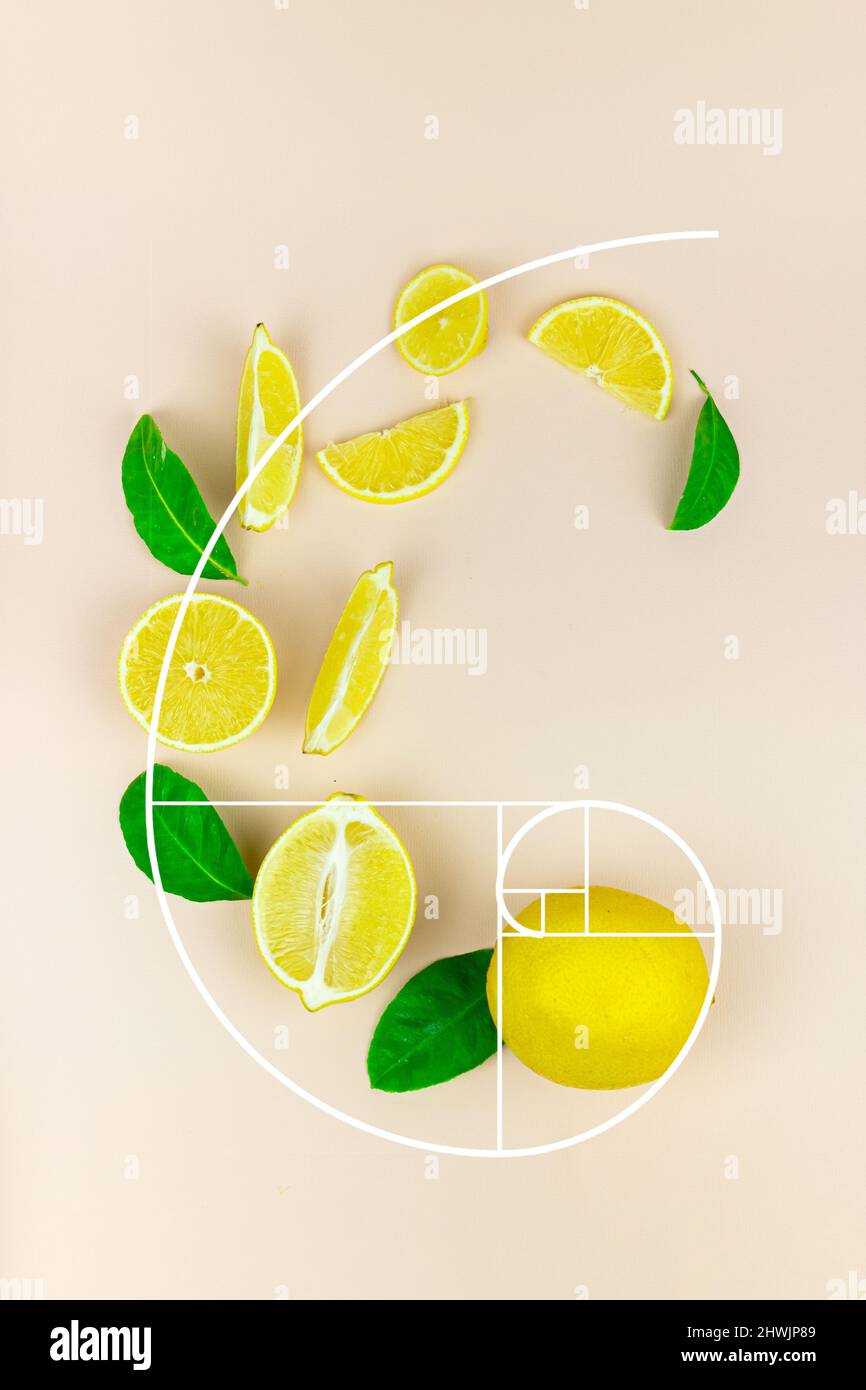Fresh slices of yellow lemon lime fruit with green leaf and ice cube