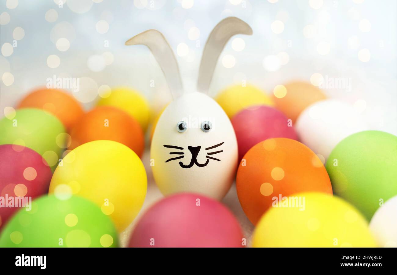 Funny bunny among colorful easter eggs. Background with bokeh Stock Photo
