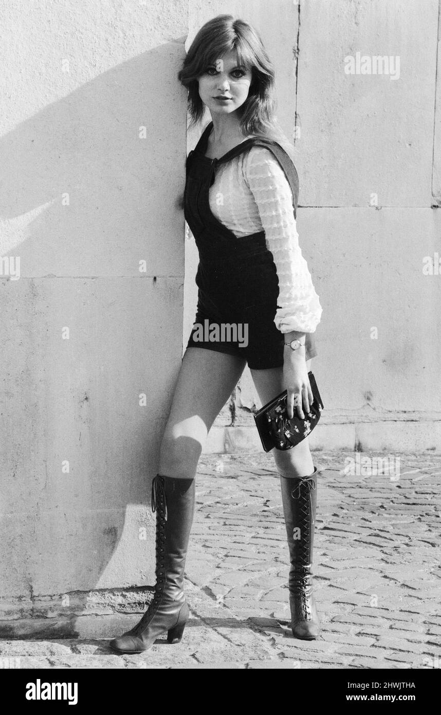 Model and horror film actress Madeline Smith poses wearing hot pants ...