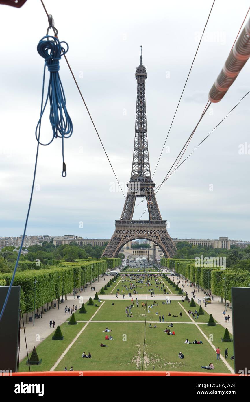 Zipline from Eiffel Tower with Perrier water  in Paris Stock Photo