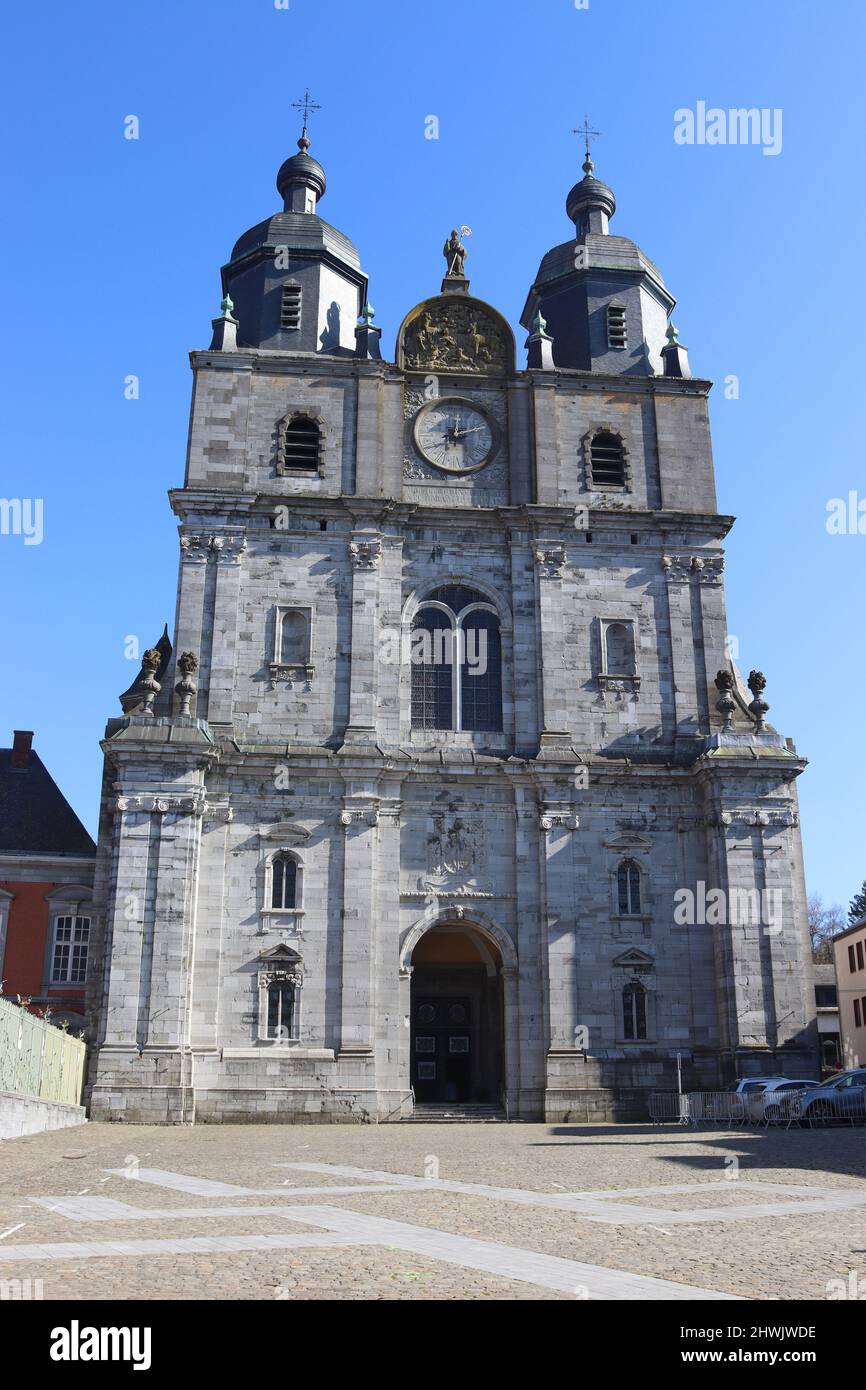 View of the western baroque style facade of the Basilica of St. Hubert in the town of St. Hubert in the province of Luxembourg in the Belgian Ardennes Stock Photo