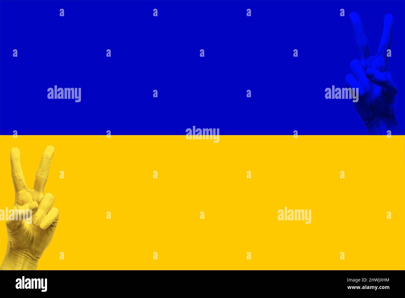 Ukraine hands on ukrainian flag right left top bottom corners Stock Photo