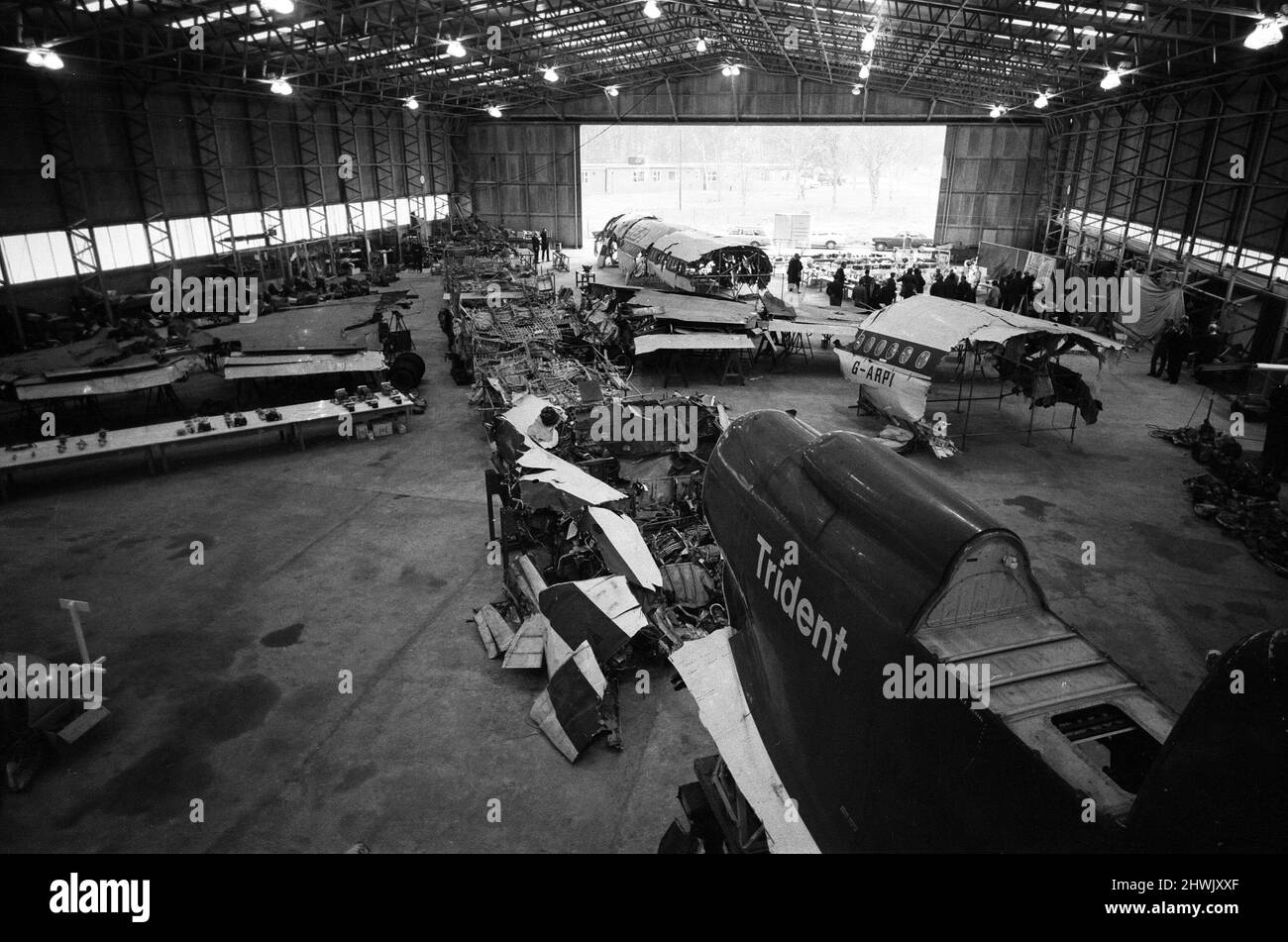 Inquiry into the Staines Air Disaster. The wreck of British European Airways Flight 548 which crashed near Staines, killing 118 people, has been reassembled in a hangar at RAE Farnborough, Hants. The Accident Investigation Branch of the Dept. of Trade and Industry conducted tests on the wreck, to assist the Court of Inquiry. 17th November 1972. Stock Photo