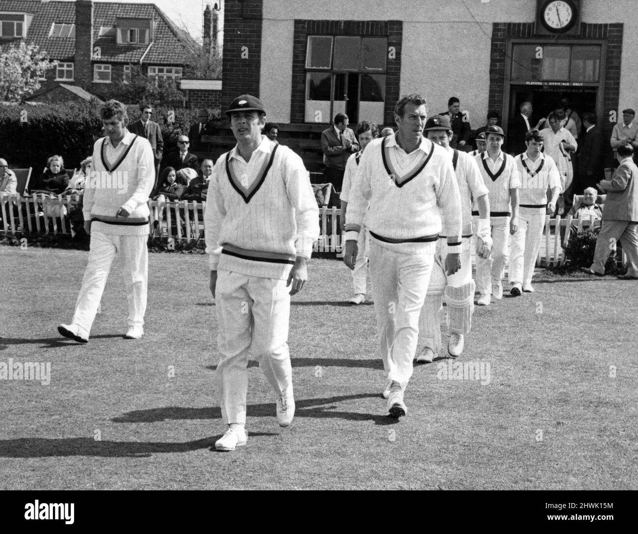 Geoff Boycott, Yorkshire's new skipper (second left) leads his team out for the first time for the start of their match with Warwickshire at Acklam Park. 8th May 1971. Stock Photo