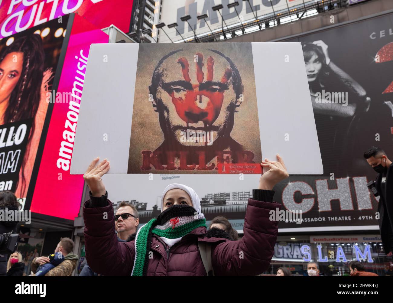 NEW YORK, N.Y. March 5, 2022 A demonstrator is seen in Times Square