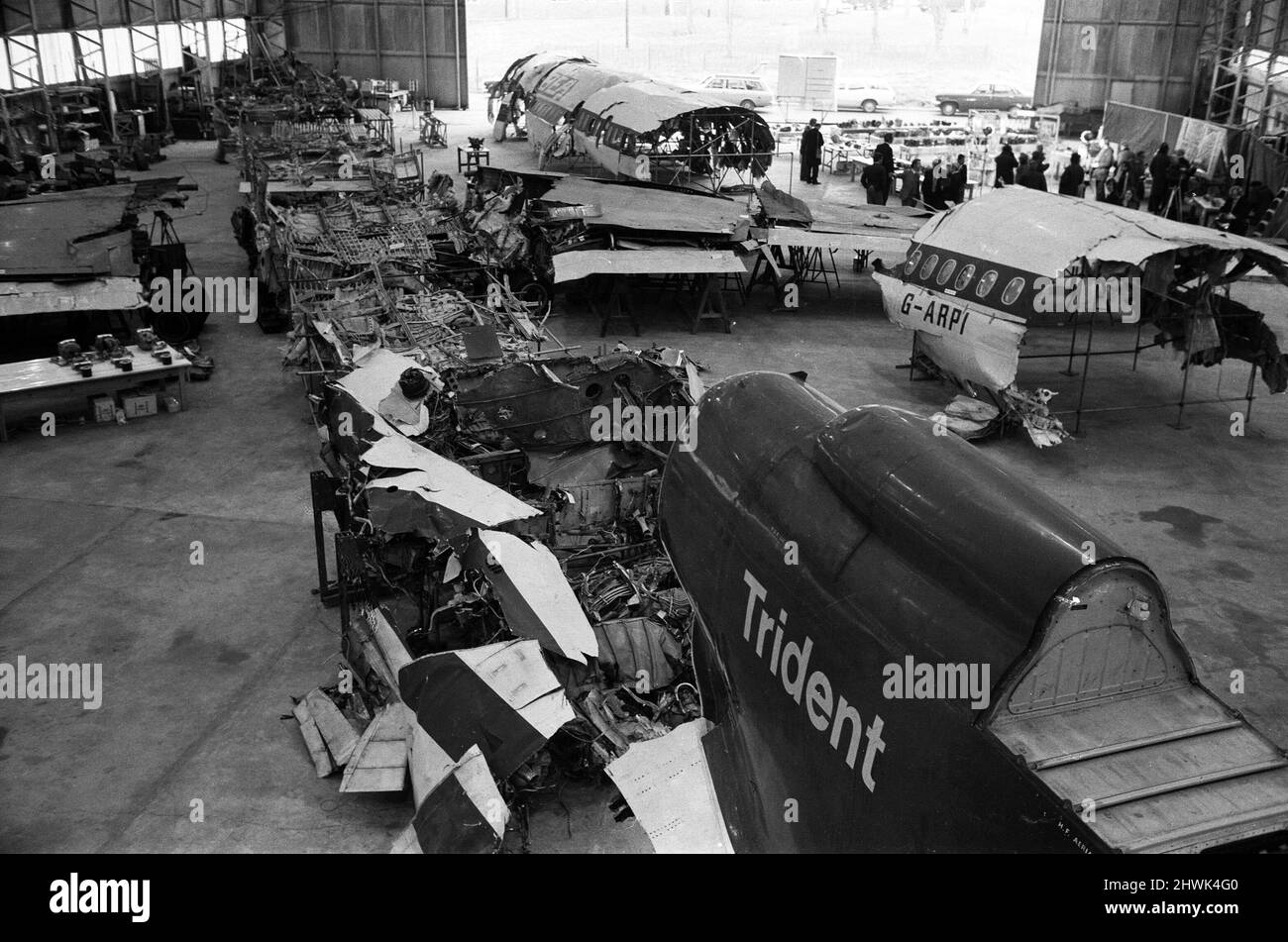 Inquiry into the Staines Air Disaster. The wreck of British European Airways Flight 548 which crashed near Staines, killing 118 people, has been reassembled in a hangar at RAE Farnborough, Hants. The Accident Investigation Branch of the Dept. of Trade and Industry conducted tests on the wreck, to assist the Court of Inquiry. 17th November 1972. Stock Photo