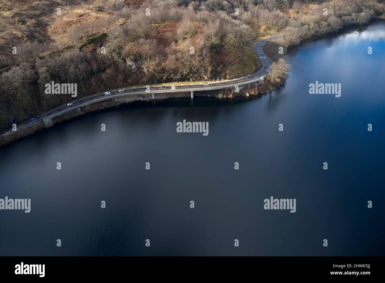 Loch Lomond aerial view showing the A82 road during autumn Stock Photo