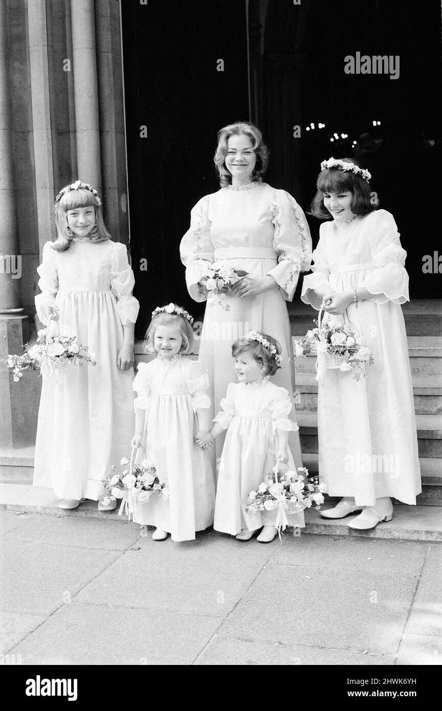 Wedding of Julie Parker and Timothy Buxton, at the Church of the Immaculate Conception, Farm Street, London, 14th June 1972. Our Picture Shows ... Bridesmaids Julie Parker 22 is the daughter of Commander Michael Parker, a friend and former Private Secretary to Prince Philip, The Duke of Edinburgh, who is the god father of Julie Parker.   Timothy Buxton is the son of naturalist and television executive Aubrey Buxton, Baron Buxton of Alsa, and an old friend of Prince Philip. Stock Photo